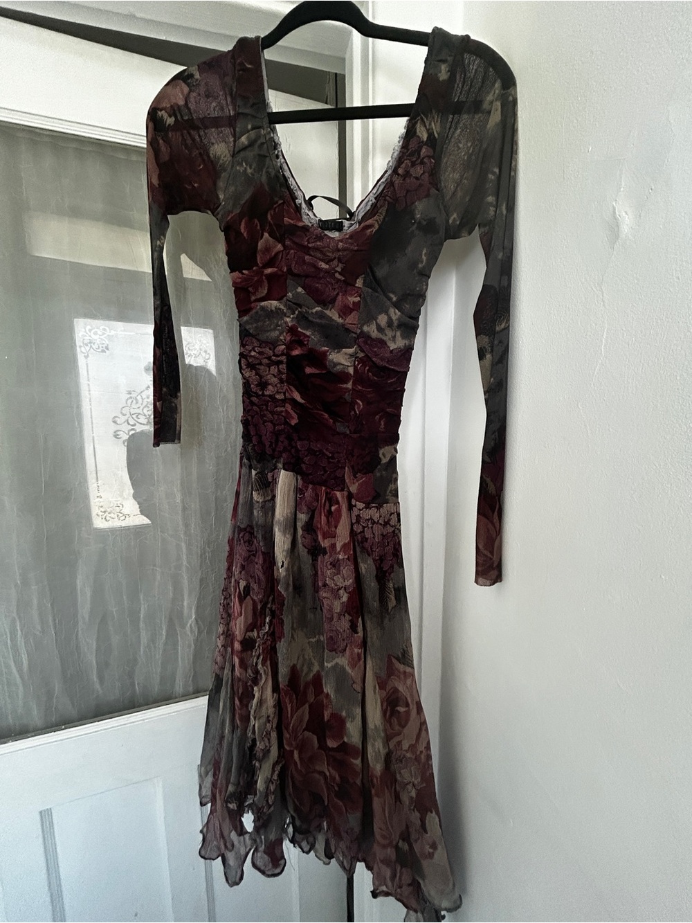 Long Sleeve Floral crepe and mesh Dress in Burgundy and Gray